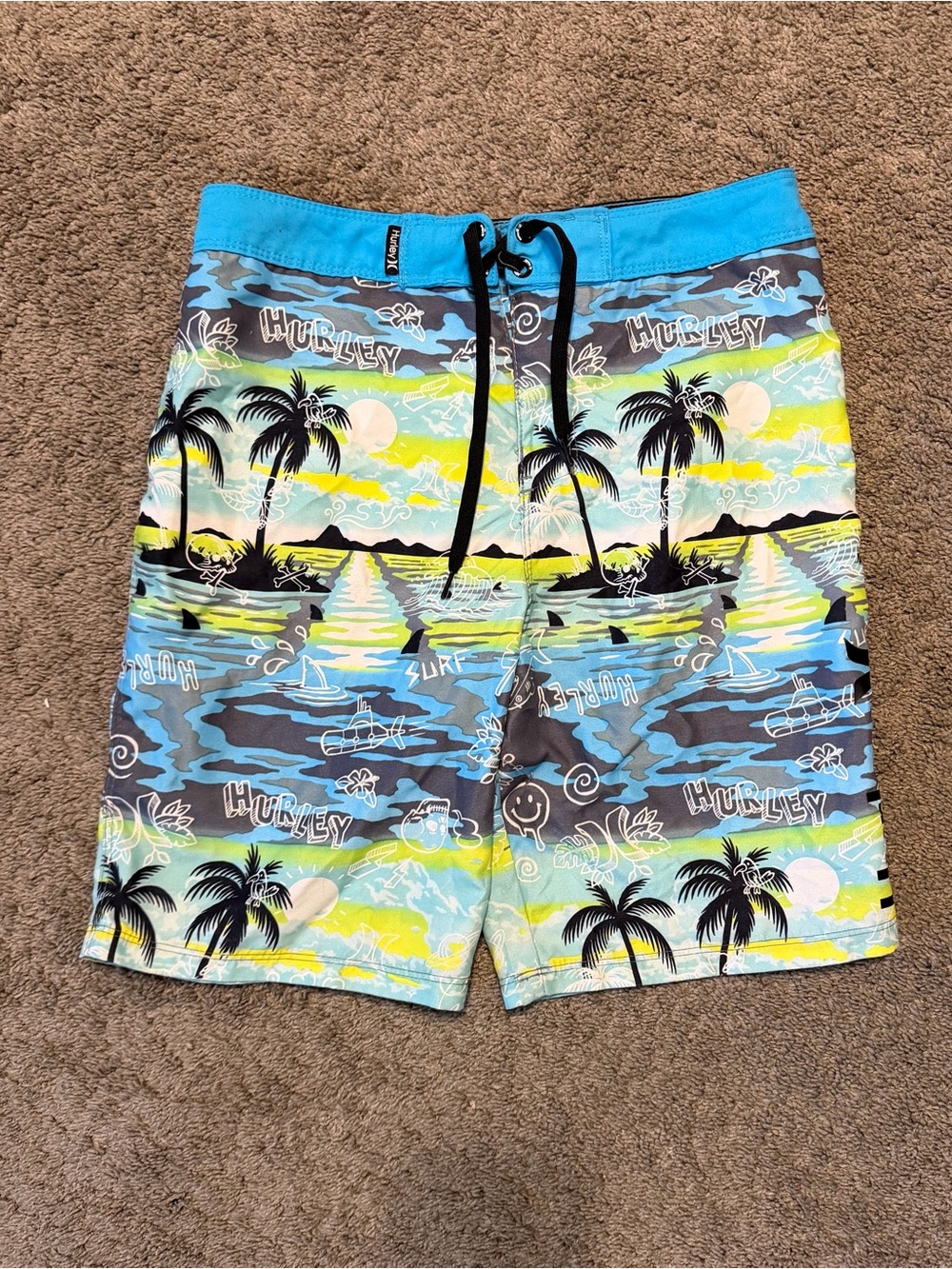 Hurley Doodle Paradise Boardshorts Swim Trunks Teal Yellow Black Tropical 14/27